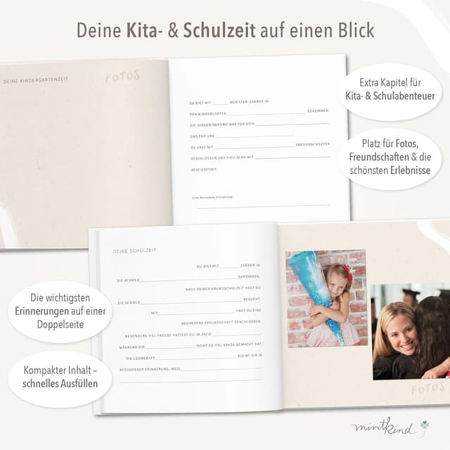 Detalle de mintkind Erinnerungsbuch Kindheit Beige – Geburtstagsbuch von 0 bis 18 Jahren mit Leinenalbum & Vorlagen
