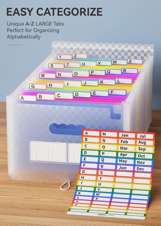 Detalle 2 de ABC life A4 Dokumentenmappe mit Gittermuster, 26-Fächermappe „Akkordeon“ erweiterbar – Organizer (Blau)