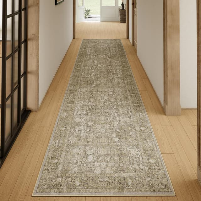 Detalle de HUGEAR Vintage Braun waschbarer Teppich 60x240 cm – rutschfest, kurzflorig für Flur & Vorzimmer