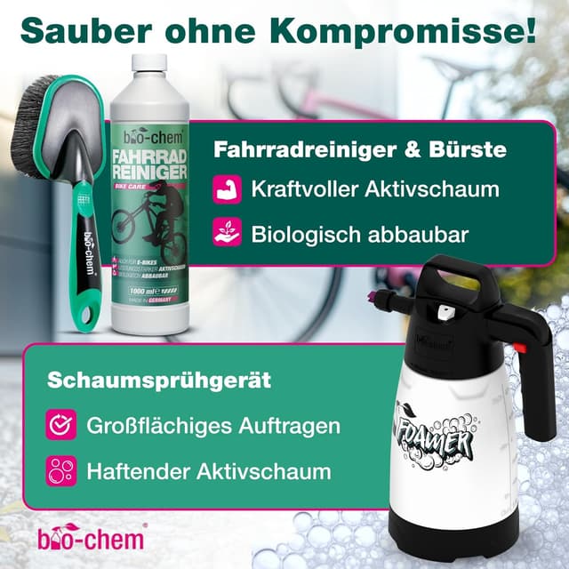 Detalle 2 de bio-chem Fahrrad-Reinigungsset PREMIUM (7-teilig) mit Fahrradreiniger, Kettenreiniger, Kettenöl, Schaumsprüher & Bürsten