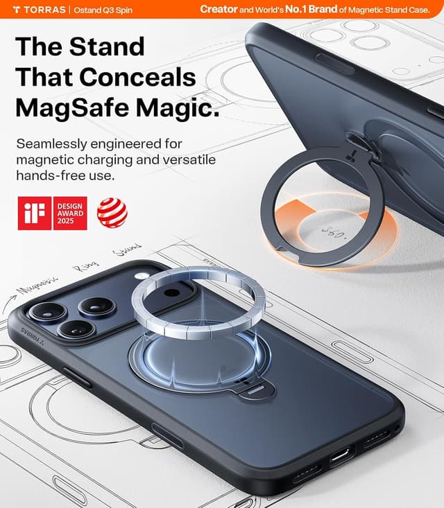 Detalle de TORRAS Ostand Q3 Spin iPhone 17 Pro Max case, 12FT drop protection
