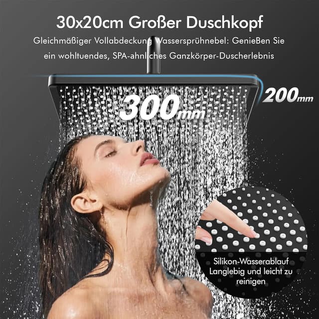 Detalle de HOMELODY Duschsystem mit Thermostat, Glasablage und 30×20 cm Kopfbrause (schwarz) – Komplettset mit 3 Strahlarten