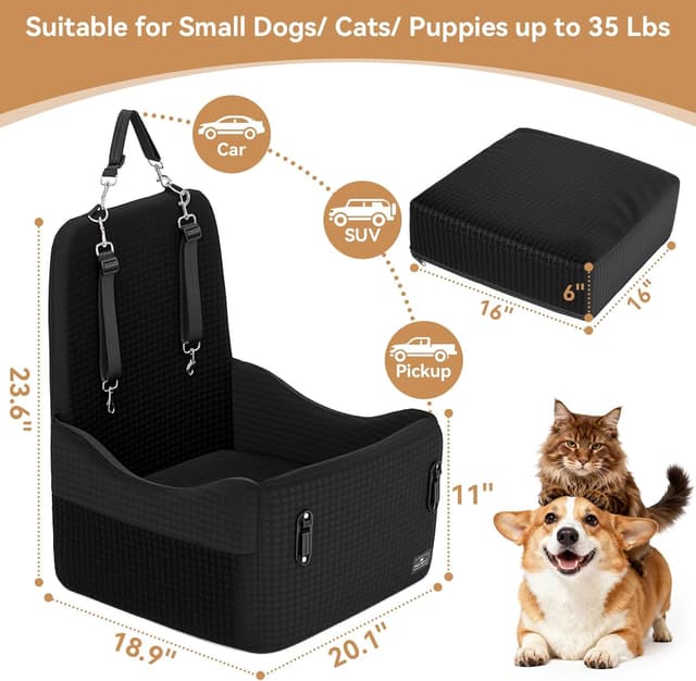 Detalle de PETSFIT Hundesitz für Auto bis 15 kg – 15 cm Memory-Foam Booster mit Sicherheitsgurt-System, waschbarer Bezug (Schwarz)