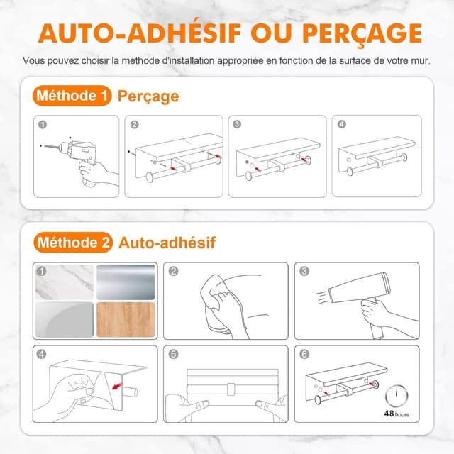 Thumbnail 5 de Ibergrif Porte-papier toilette double mural avec étagère en acier inoxydable (installation adhésive ou perçage) – Argent