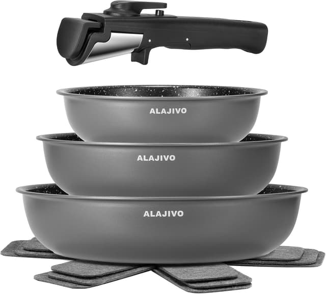 Detalle de Alajivo Pfannenset mit abnehmbaren Griffen, 7-teilig (20/24/28 cm) – für Induktion, antihaft, ofenfest