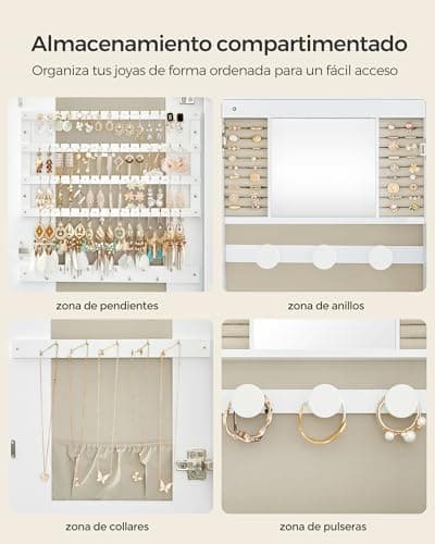 Detalle de SONGMICS JJC026W01: armario para joyas de pared con espejo, luz LED y cerradura