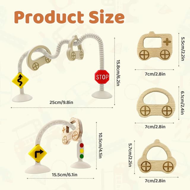 Detalle 2 de Montessori traffic-themed suction cup sensory toy with car wooden ring (6–12 months)