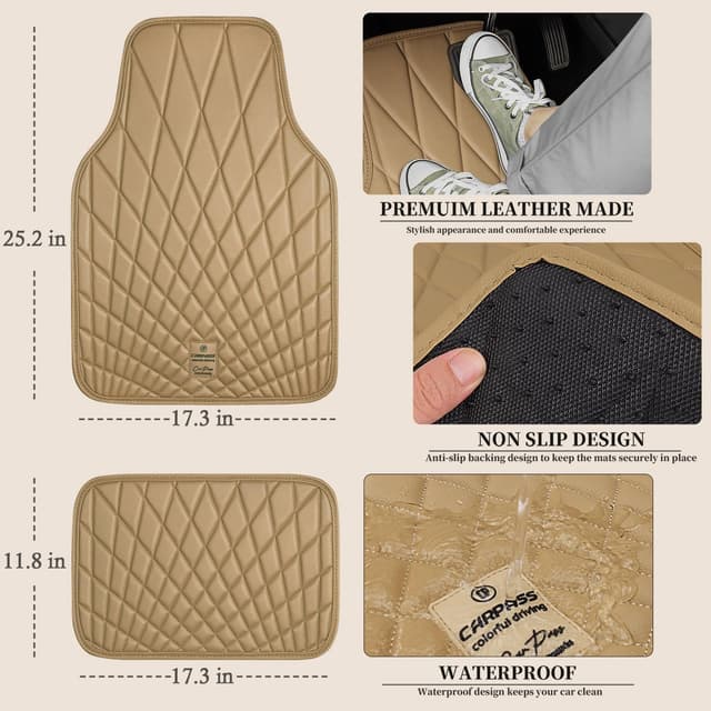 Detalle de CAR PASS Luxury Faux Leather Floor Mats (Waterproof, Anti-Slip) — Universal Fit Full Set, 4-Piece Beige