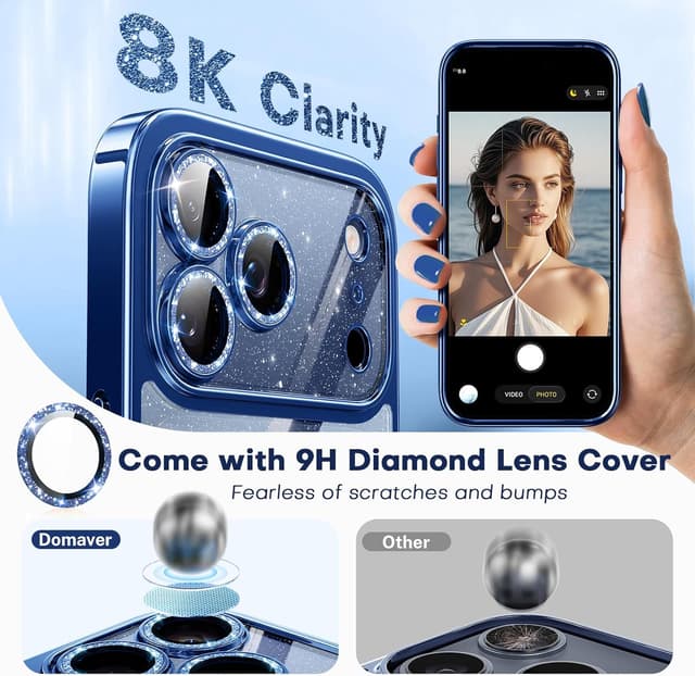 Detalle de Glitter iPhone 17 Pro Max Case (6.9") with raised lens protection, MagSafe compatibility, and sparkly blue back panel