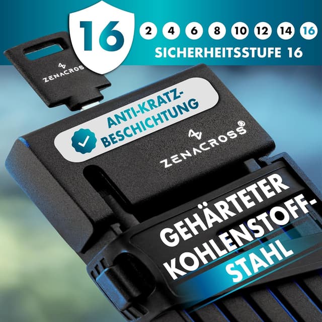 Detalle de Zenacross Faltschloss für Fahrrad (100 cm) mit Halterung – SteelSecure-Technologie
