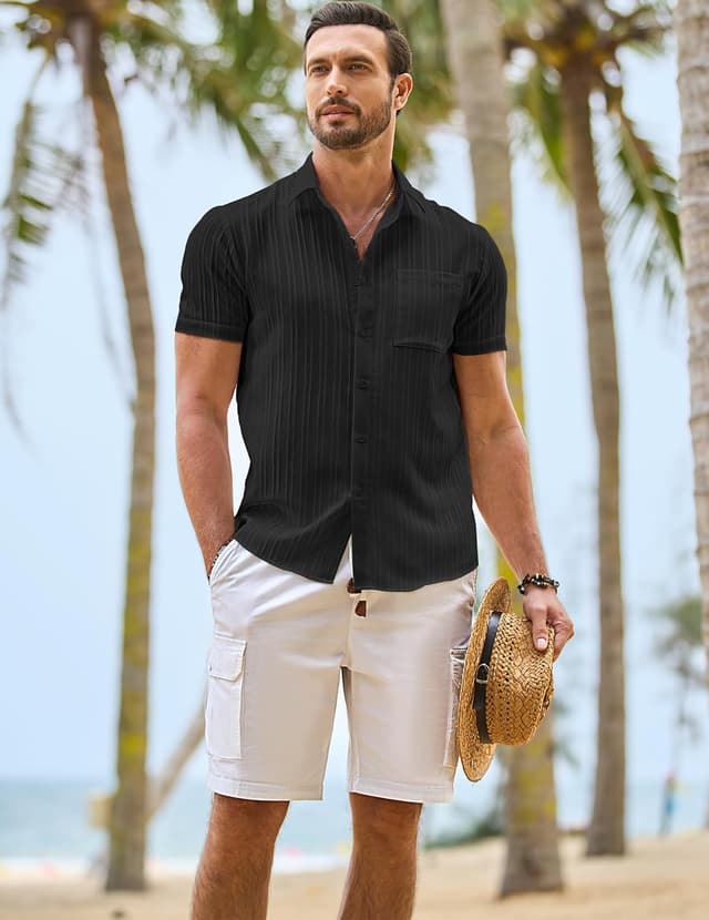 Thumbnail 3 de JMIERR Men’s Hawaiian Shirt Button-Down Short Sleeve (Textured Casual Summer Beach Linen Look)