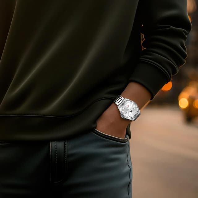 Detalle de LN LENQIN Herrenarmbanduhr aus Edelstahl mit Quarz, Analog-Anzeige, Datum und 3-ATM-Schutz