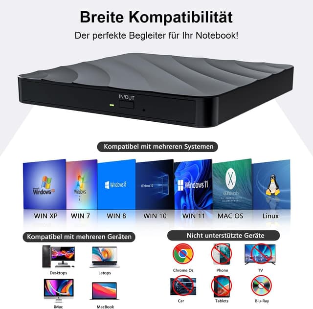 Detalle 2 de QDSYLQ externes USB-DVD/CD-Laufwerk mit USB 3.0 (DVD Brenner, CD-/DVD-Player) für Laptop & PC