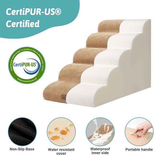 Detalle 2 de Cozy Kiss Dog Stairs for High Bed (22.6" H) – 5 Tiers, Leakproof Cover, High-Density Foam Pet Steps, Light Brown
