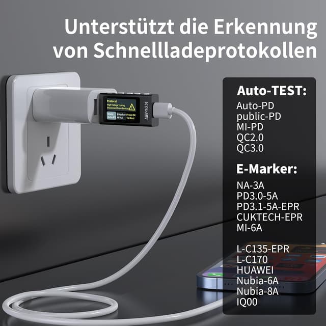 Detalle de YEREADW USB-C Tester Messgerät mit Anzeige für Schnellladeprotokolle (3,3–50 V, bis 12 A)