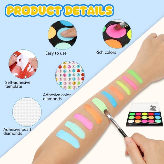 Detalle de Kit de maquillage pour enfants AOOWU : palette 15 couleurs, pochoirs et strass pour Halloween, carnaval et fêtes