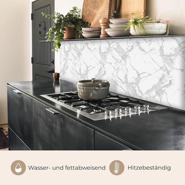 Thumbnail 6 de KitchenYeah© Spritzschutz Küche 60x150 cm – selbstklebende Küchenrückwand im Marmor-Look, grau mit Adern