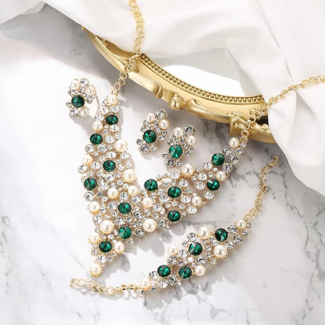 Detalle de Parure bijoux de mariage Clearine 4 pièces collier, boucles d’oreilles, bracelet et bague