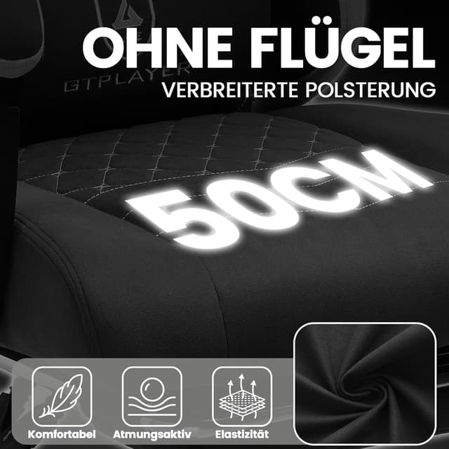 Detalle de GTPLAYER Gaming Stuhl mit Stoffbezug, verstellbaren Armlehnen und Fußstütze (bis 150 kg) – dunkelschwarz