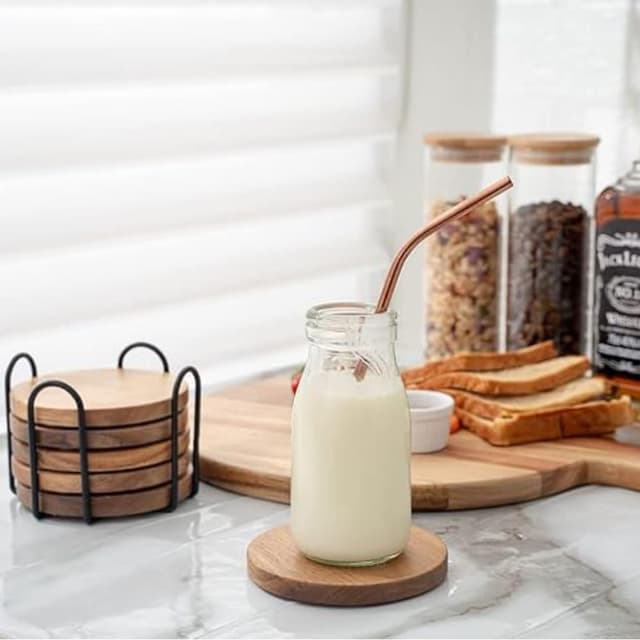 Detalle de WLWNWFT Acacia Wood Coasters Set of 6 with Holder (Black) – Round coasters with non-slip pads