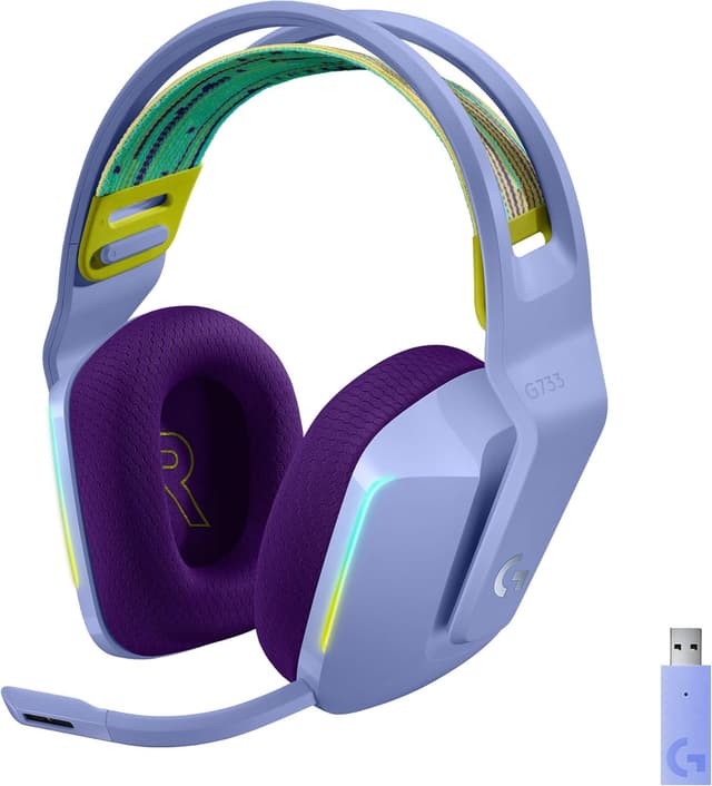Detalle de Logitech G G733 LIGHTSPEED Wireless Gaming Headset (Lilac) with PRO-G audio drivers and LIGHTSYNC RGB