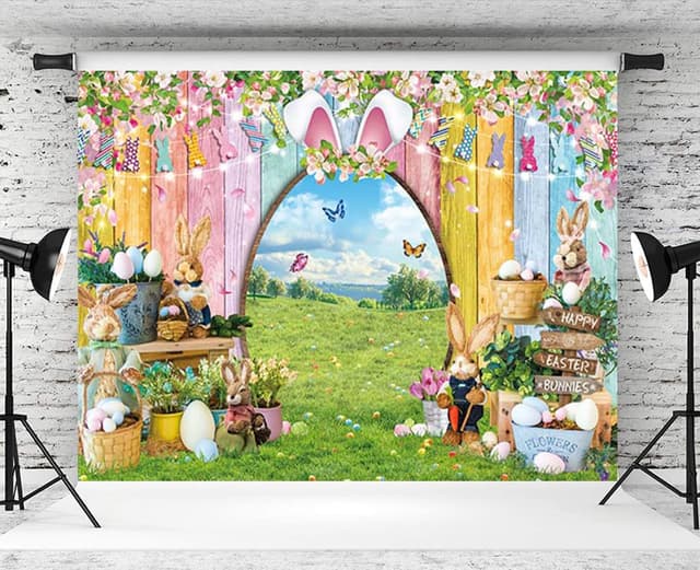 Detalle 2 de Happy Easter Bunny Photoshoot Backdrop (Spring Vinyl Banner Background, 7 x 5 ft / 84 x 60")