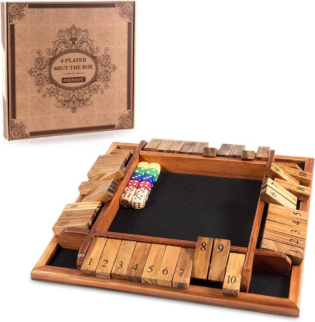 Detalle de Amerous AMEROUS 1–4 Players Shut The Box Dice Game with Wooden Board, 12 Dice & Instructions