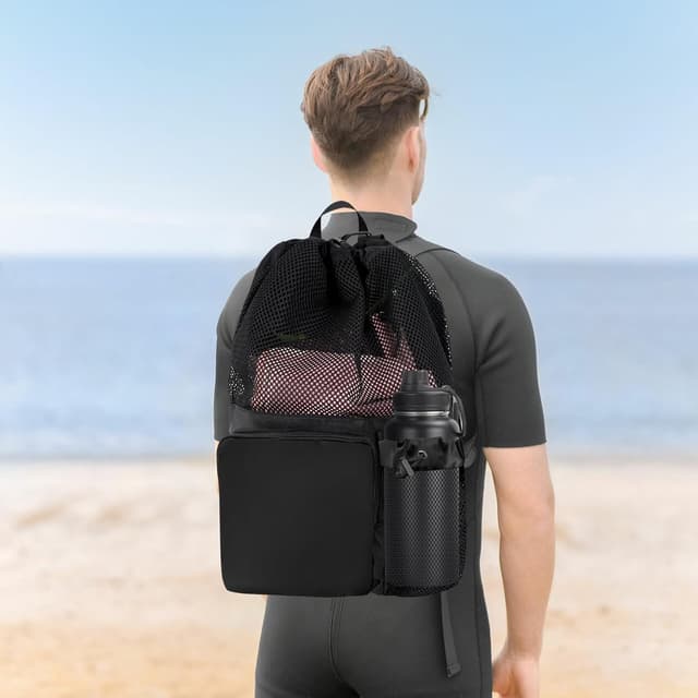 Detalle de QBEJIME Swimming Bag Mesh Drawstring with Wet Pocket and Waterproof Zipper