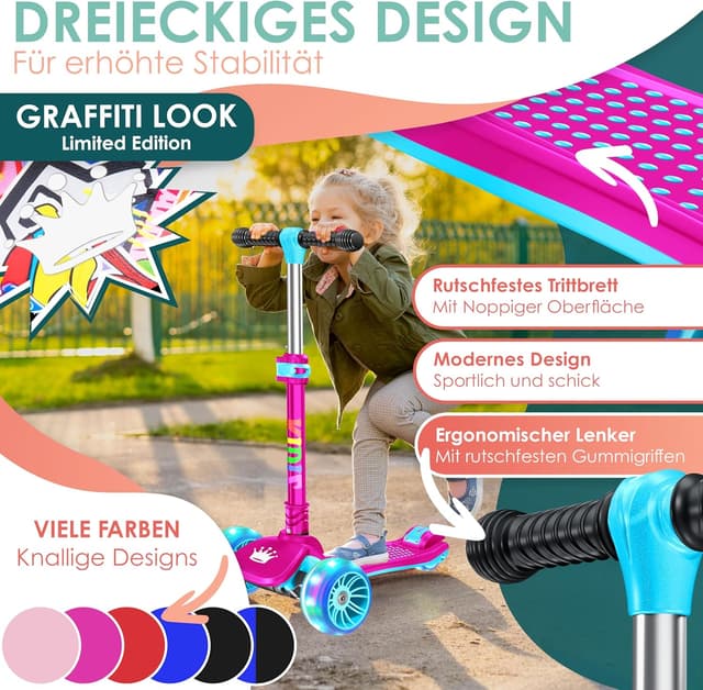 Detalle de KIDIZ Roller Kinder Scooter X-Pro2 – 3-Rad Cityroller mit klappbarem Lenker, LED-Rädern und höhenverstellbarem Trittbrett