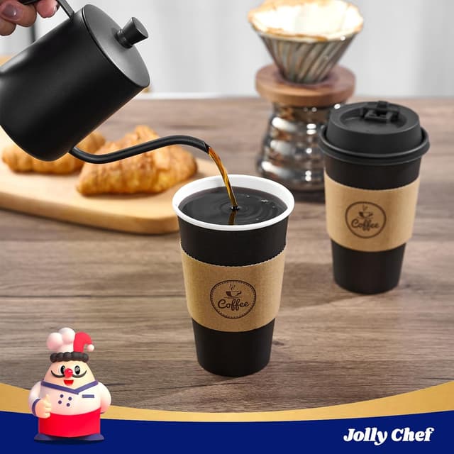 Detalle de JOLLY CHEF 16 oz Disposable Black Hot Paper Coffee Cups (100-Pack) with Lids, Kraft Sleeves & Stirrers