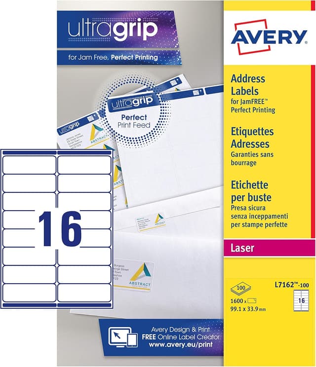 Detalle de Avery JamFREE printable address labels (L7162-100) – white, customisable sheets