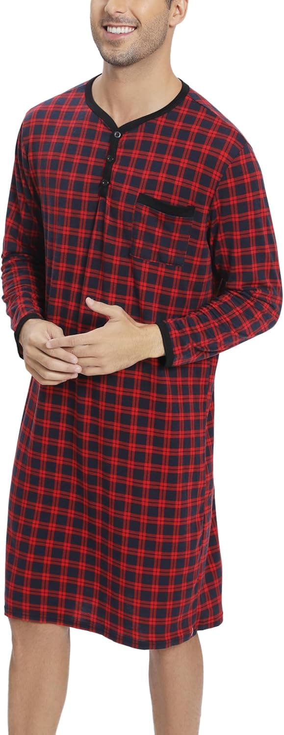 Detalle 2 de Yukiuiny Herren Langarm-Nachthemd knielang aus Jersey (Baumwolle/Spandex), weich & luftig fürs Schlafen und Krankenhaus