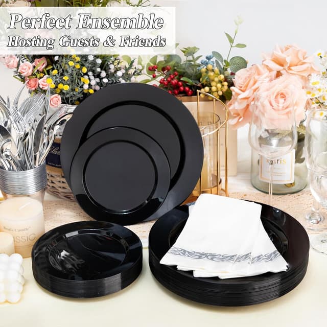 Thumbnail 2 de BESTSTAR 200pcs Black Plastic Plates Set
