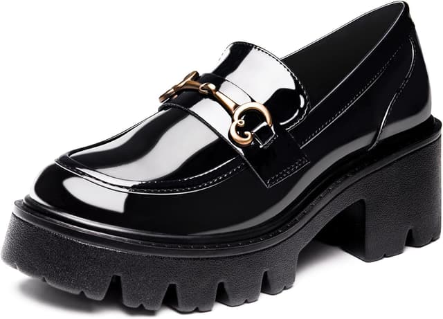 Detalle de Black Platform Loafers for Women — Slip-On Leather Look Loafers with Chunky Comfort Sole