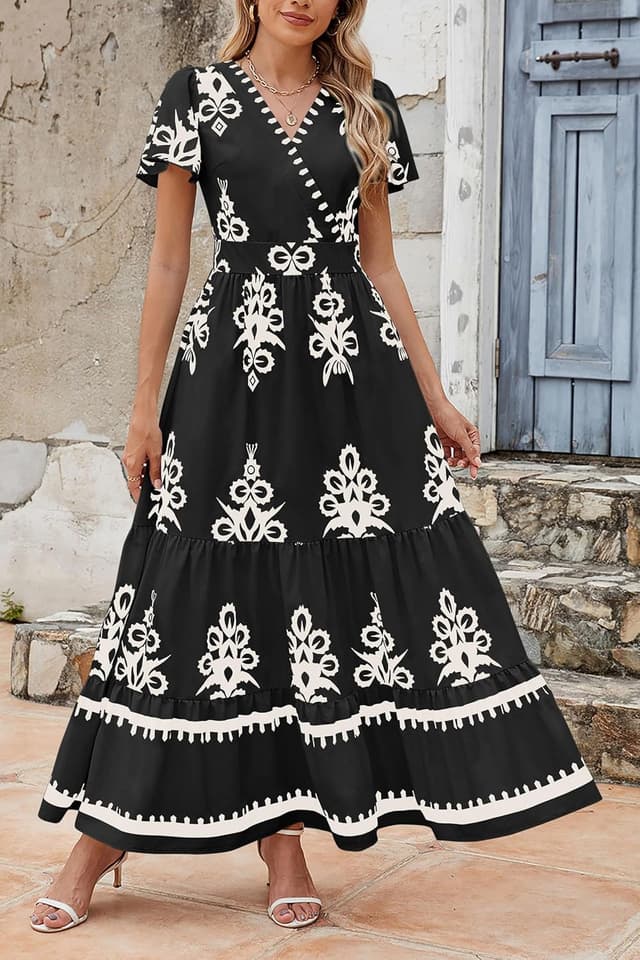 Detalle 2 de PRETTYGARDEN V-Neck Boho Maxi Dress for Women (Tiered Floral with Pockets, Bell Sleeves)