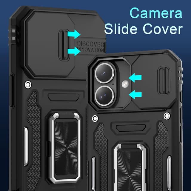 Detalle 2 de DEERLAMN Armor Case for iPhone 17 6.3-Inch (2025) with Slide Camera Cover + Rotated Ring Kickstand, Black (2 Packs)