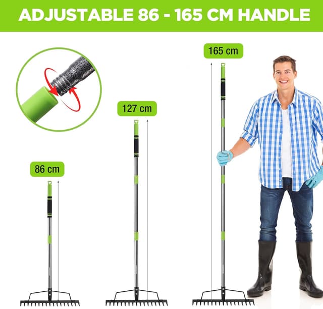 Detalle de WORKPRO 165 cm Adjustable Garden Rake with 17 Metal Tines and Heavy-Duty Steel Handle