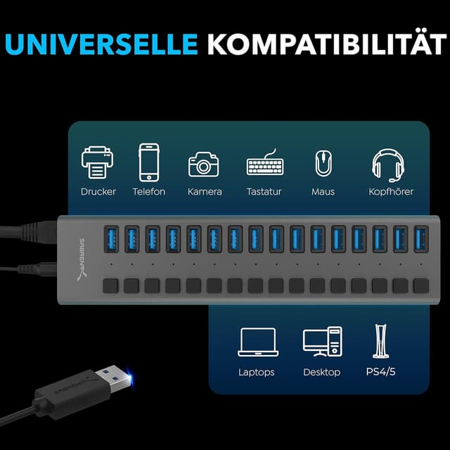 Detalle 2 de SABRENT HB‑PU16 16‑Port USB‑Hub 90W Ladegerät 🔌