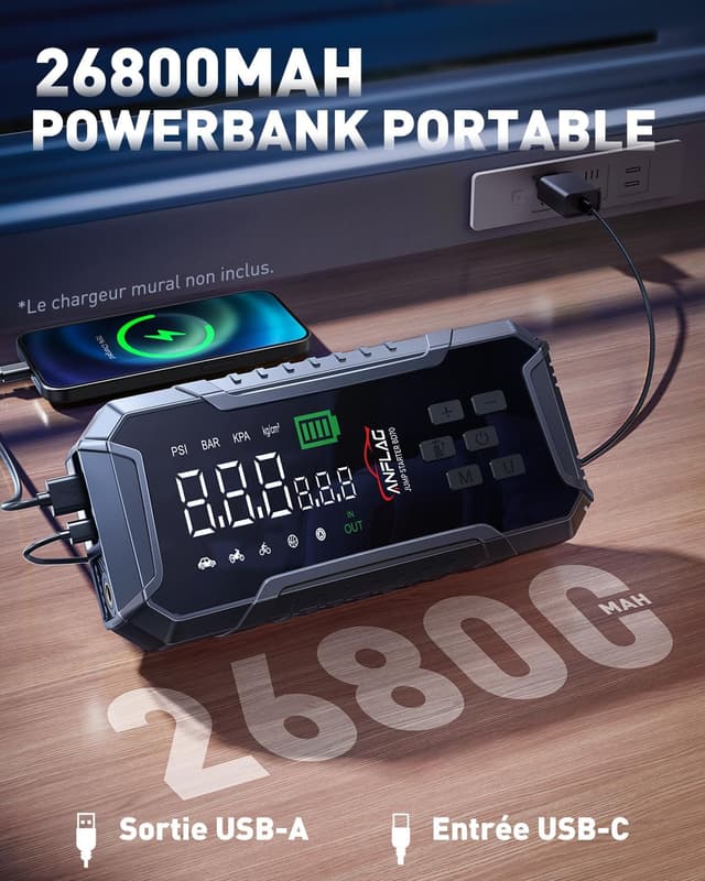 Detalle 2 de ANFLAG 8000A Booster Batterie Voiture avec compresseur 160 PSI et gonfleur