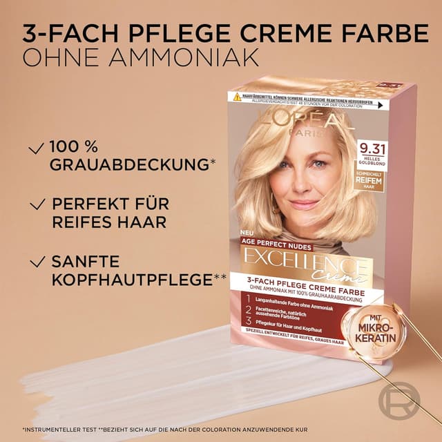 Detalle de L’Oréal Paris Excellence Creme Age Perfect Nudes 9.13 Beige Blond – ammoniakfreie Dauerfarbe für sensible Kopfhaut