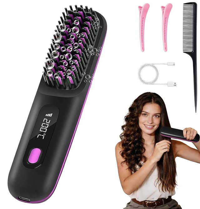 Detalle de Isheurg Stylingbürste für kurze Haare – Glättbürste mit 3 Temperaturstufen (160/180/200 °C) und USB‑C‑Laden