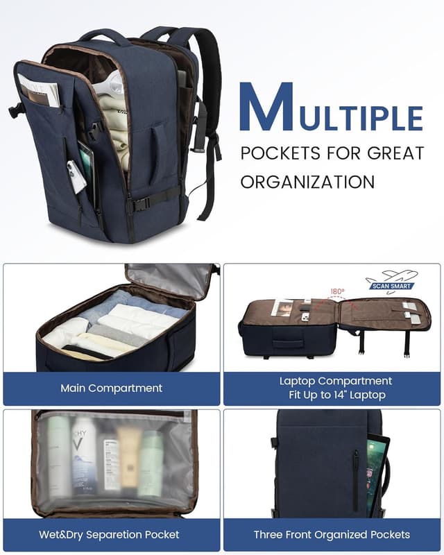 Detalle de LOVEVOOK Handgepäck Rucksack 40x30x20 cm – 14‑Zoll Laptopfach & Ryanair-kompatible Maße (dunkelblau)