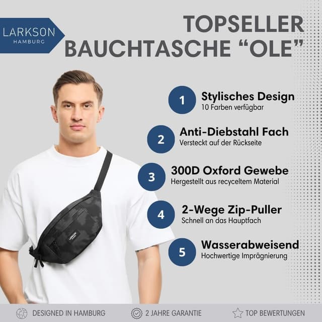 Detalle de LARKSON Bauchtasche Grau Leo – Hüfttasche, Crossbody und Gürteltasche für Alltag, Sport & Outdoor