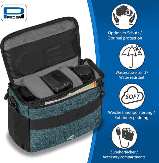 Detalle de Pedea Kameratasche Fashion für Spiegelreflex DSLR/SLR (Gr. XL, Petrol) inkl. Regenschutzhülle