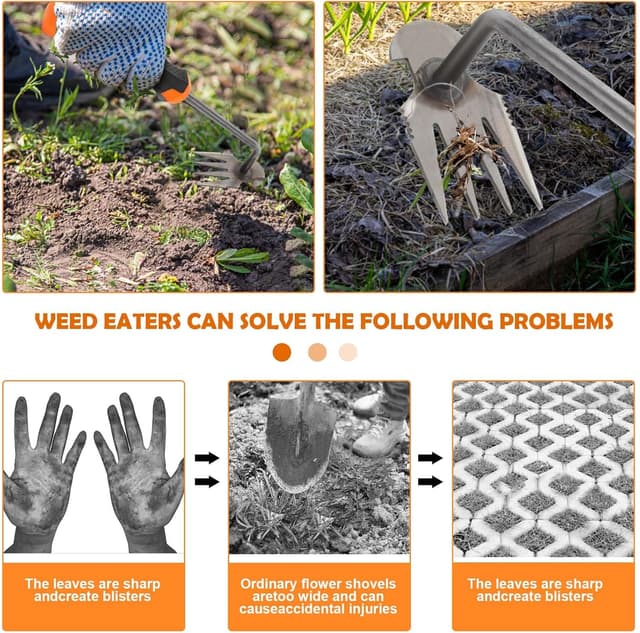 Detalle de MOKIDO Unkrautstecher mit 4 Zähnen und Stiel – manuelles Unkrautentferner-Gerät für enge Zwischenräume