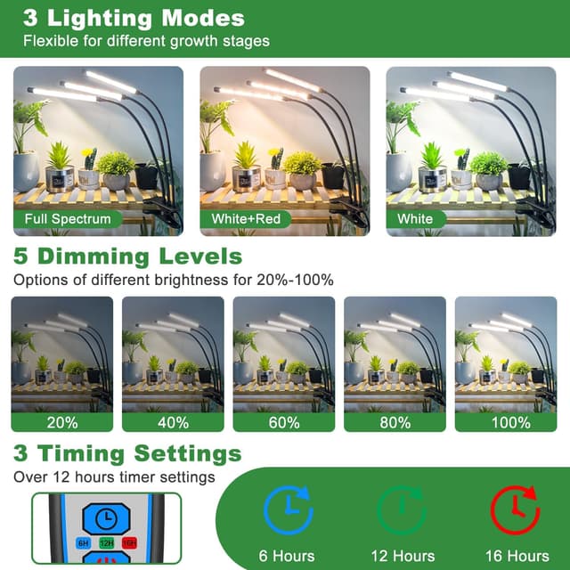 Detalle de wolezek Grow Lights for Indoor Plants (3 Heads) 6000K Full Spectrum LED with Auto Timer and Dimming