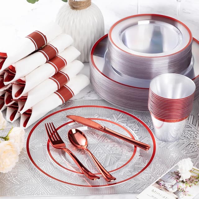 Detalle de Goodluck 350-Piece Red Plastic Dinnerware Set (Clear Plates) for 50 Guests
