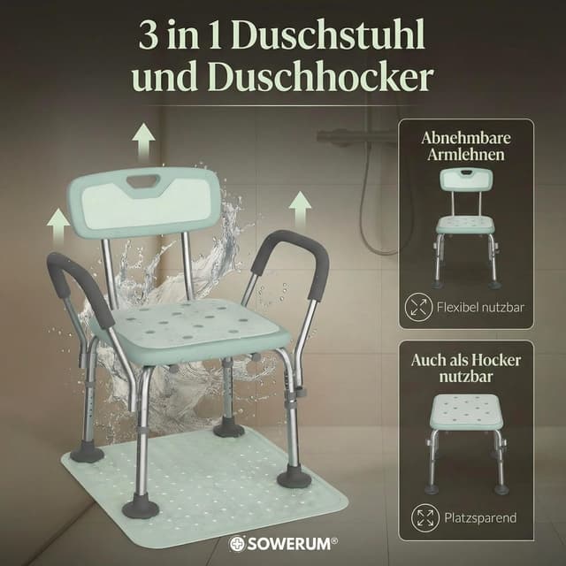 Detalle de Duschstuhl für Senioren mit Rückenlehne und Armlehnen (bis 150 kg) – rutschfest mit Antirutschmatte