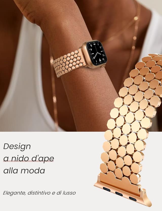 Detalle de Cinturino in metallo a nido d’ape per Apple Watch 38/40/41/42/44/45/46/49 mm – bracciale elegante donna (Ultra, SE e Serie 1-11)