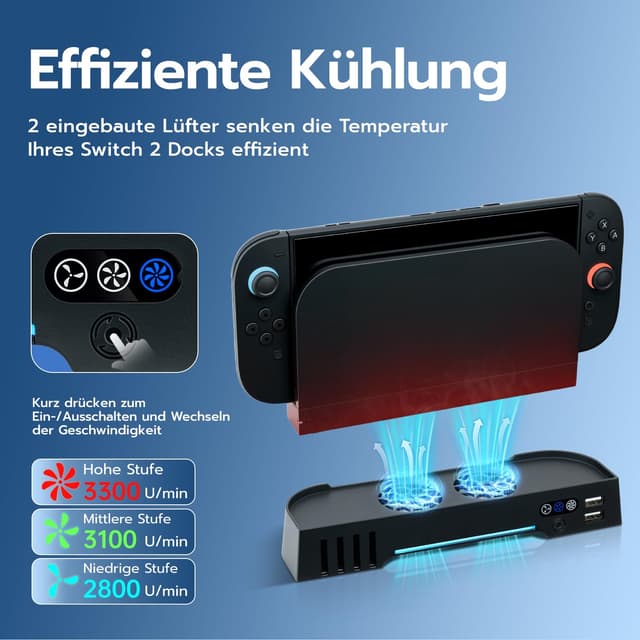 Detalle de Mcbazel Switch 2 Dock Kühlventilator-Ständer mit RGB, 3-stufig & 8 Karten-Slots